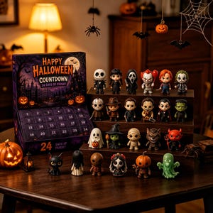 May include: A Halloween advent calendar box labelled Happy Halloween Countdown 24 Days of Fright with numbered doors, displayed alongside twenty-four miniature horror-themed figurines arranged on a tiered wooden stand on a dark table.