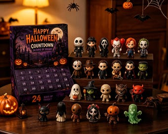 Calendario dell'Avvento di Halloween con scatola, 24 giorni, mini statuette horror, scatola a sorpresa con personaggi dei film spettrali, regalo di Halloween per lei