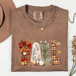 Fall Coquette Shirt, Cozy Autumn Vibes Graphic Tee, Cute Patchwork Bow Tshirt, Thanksgiving Women Pumpkin Top, Retro Leaves Holiday Clothes