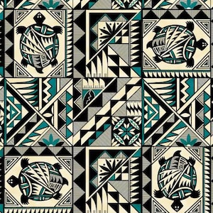 May include: A black and white geometric pattern with teal accents features repeating images of stylized turtles. The pattern is made up of triangles, squares, and other geometric shapes.