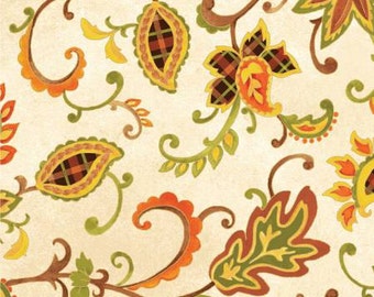 May include: A seamless pattern featuring intricate floral designs in shades of orange, yellow, green, and brown. The pattern is set against a cream background.