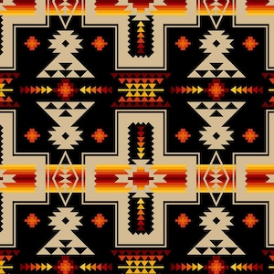 May include: A seamless pattern featuring a geometric design in shades of red, orange, yellow, and beige on a black background. The pattern is reminiscent of Native American art and textiles.