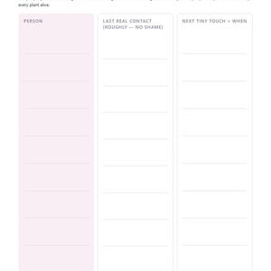 May include: A white printable planner page titled Friendship watering can with the subtitle out of sight ≠ out of heart — but the brain needs the list. It features three columns labelled Person, Last Real Contact, and Next Tiny Touch + When.