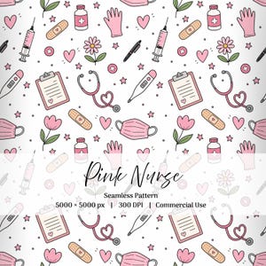 Könnte beinhalten: Ein nahtloses Muster mit medizinischen Illustrationen in Pink und Weiß, darunter Stethoskope, Spritzen, Klemmbretter, Thermometer, Pflaster, Handschuhe, Gesichtsmasken, Medizinflaschen, Blumen und Herzen, mit dem Text Pink Nurse Seamless Pattern.