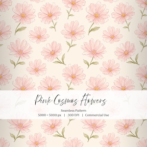 Könnte beinhalten: Ein nahtloses Muster mit aquarellartigen rosa Kosmosblüten mit gelben Mitten und grünen Stielen auf cremefarbenem Hintergrund. Ein weißes horizontales Banner in der Mitte zeigt den Text Pink Cosmos Flowers Seamless Pattern.
