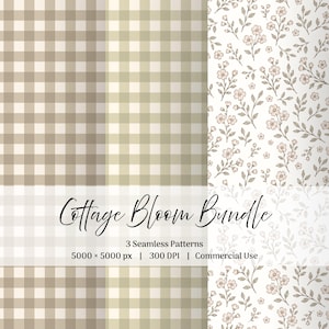 Puede incluir: Un gráfico digital que presenta tres patrones sin costuras, incluyendo un cuadro vichy beige y blanco y un fondo blanco con pequeñas flores rosas y tallos marrones. El texto dice: Cottage Bloom Bundle, 3 Seamless Patterns, 5000 x 5000 px, 300 DPI, Commercial Use.