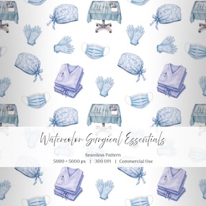 May include: A seamless pattern featuring watercolour illustrations of light blue surgical caps with white leaf prints, folded scrubs, blue medical gloves, face masks, and surgical instrument trays with the text Watercolor Surgical Essentials.