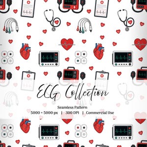 May include: A seamless pattern featuring medical illustrations of red hearts, stethoscopes, ECG monitors displaying heart rates, defibrillators, medical charts, and electrode leads on a white background with the text ECG Collection.