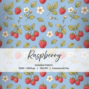 May include: A seamless pattern featuring hand-drawn red raspberries, green leaves, and white flowers on a light blue background. The image includes the text Raspberry Seamless Pattern 5000 x 5000 px | 300 DPI | Commercial Use centered in a white box.
