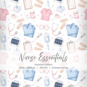 Könnte beinhalten: Ein nahtloses Muster mit Aquarellillustrationen von medizinischem Zubehör, darunter rosa und blaue Kasacks, Stethoskope, Herzmonitore, Klemmbretter, Infusionsbeutel, Thermometer, Pflaster und Tablettendosen mit dem Text Nurse Essentials.