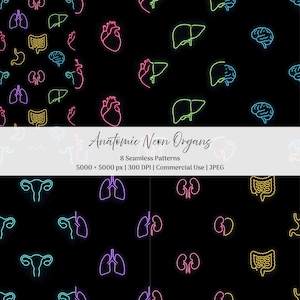 Puede incluir: Una colección digital de ocho patrones sin costuras con contornos de órganos humanos en colores neón sobre un fondo negro. El texto dice Anatomic Neon Organs, 8 Seamless Patterns, 5000 x 5000 px, 300 DPI, Commercial Use, JPEG.
