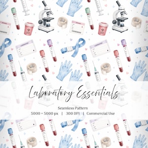 May include: A seamless pattern featuring watercolor illustrations of laboratory equipment including microscopes, test tubes with blood samples, syringes, blue medical gloves, specimen labels, rolls of medical tape, and sharps containers with the text Laboratory Essentials.