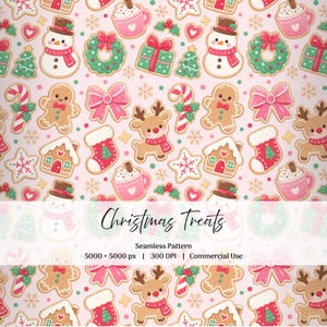 Könnte beinhalten: Ein nahtloses Muster mit weihnachtlichen Keksen wie Schneemännern, Lebkuchenmännern, Rentieren, Zuckerstangen, Strümpfen, Kränzen und rosa Tassen auf hellrosa Hintergrund mit dem Text Christmas Treats Seamless Pattern.