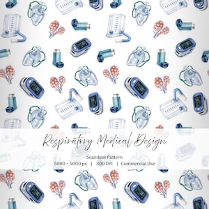 Pode incluir: Um padrão contínuo com ilustrações em aguarela de equipamento médico respiratório, incluindo máscaras de oxigénio, inaladores, oxímetros de pulso e alvéolos pulmonares. O texto diz Respiratory Medical Design, Seamless Pattern, 5000 x 5000 px, 300 DPI, Commercial Use.