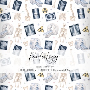 May include: A seamless pattern featuring medical illustrations of skeletons, bones, CT scanners, and X-ray images of skulls, chests, and limbs, interspersed with yellow radiation warning symbols and the text Radiology Seamless Pattern 5000x5000 px 300 DPI.
