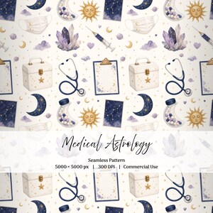 Könnte beinhalten: Ein nahtloses Muster mit medizinischen und himmlischen Illustrationen wie Stethoskopen, Arztkoffern, Spritzen, Gesichtsmasken, Klemmbrettern, Kristallen, Sonnen und Monden auf hellem Grund mit dem Text Medical Astrology Seamless Pattern.