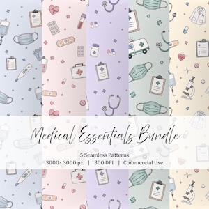 Medical Seamless Pattern Bundle | 5 Digital Papers | Nurse PNG & JPG | Healthcare Background | 3000x3000 | Commercial Use