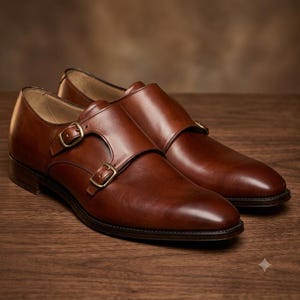 Pode incluir: Um par de sapatos de couro castanho com fivela dupla, acabamento liso, biqueiras arredondadas e duas fivelas de metal em tom de latão em cada sapato. Os sapatos têm um salto baixo e uma aparência polida com costuras visíveis na sola.