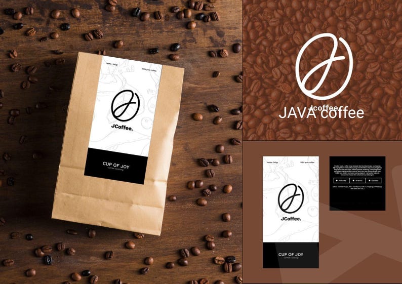 K&ouml;nnte beinhalten: Eine braune Kaffeet&uuml;te aus Papier mit einem wei&szlig;en Etikett, das ein schwarzes kreisf&ouml;rmiges Logo mit dem Buchstaben J sowie den Text JCoffee. und CUP OF JOY zeigt. Die T&uuml;te ist von verstreuten ger&ouml;steten Kaffeebohnen auf einer dunklen Holzoberfl&auml;che umgeben.