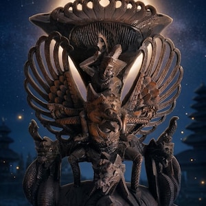May include: A dark brown wooden sculpture featuring a central figure riding a winged creature, flanked by two smaller dragon-like figures at the base. The intricate carving displays detailed feathers, scales, and facial features in a symmetrical composition.
