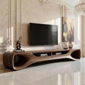 Organisch walnotenhouten tv-meubel, massief hout, mediaconsole in mid-century modern stijl.