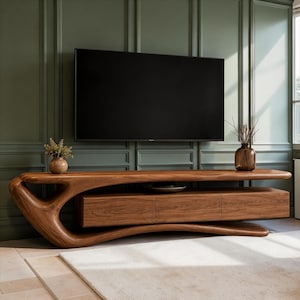 Mueble para TV de madera de teca hecho a mano, consola multimedia orgánica y escultural, almacenamiento moderno para la sala de estar.
