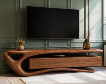 Handgemaakt tv-meubel van teakhout, sculpturaal, organisch mediameubel, moderne opbergoplossing voor de woonkamer