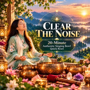 Puede incluir: Un conjunto de tres cuencos tibetanos metálicos con grabados de loto, acompañados de un mazo de madera, cristales y flores de loto. El texto dice: CLEAR THE NOISE, 20-Minute Authentic Singing Bowl Quick Reset.