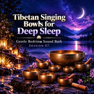 Peut inclure: Une collection de bols chantants tibétains métalliques avec des motifs gravés, accompagnés de maillets en bois. Le texte indique : Tibetan Singing Bowls for Deep Sleep, Gentle Bedtime Sound Bath, SESSION 07, sur un paysage nocturne.