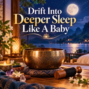 May include: A bronze singing bowl with intricate etched patterns sits on a blue patterned cushion. Beside it lies a wooden mallet, a small lit candle, and several purple and clear crystals. The text reads, Drift Into Deeper Sleep Like A Baby.