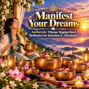 May include: A collection of metallic Tibetan singing bowls with intricate engravings, accompanied by a wooden mallet. The text "Manifest Your Dreams" and "Authentic Tibetan Singing Bowl Meditation for Intention & Abundance" is displayed in gold lettering.