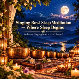 Peut inclure: Un ensemble de cinq bols chantants en bronze martelé disposés sur un tapis à motifs avec un maillet en bois. Le texte indique : Singing Bowl Sleep Meditation — Where Sleep Begins. Authentic Singing Bowl - Hand Record. Lanternes et bougies.
