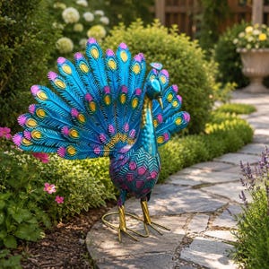 May include: A decorative metal peacock sculpture featuring a vibrant blue and teal body with a fanned tail displaying iridescent purple and yellow eye-shaped patterns. The bird stands on two thin gold-colored metal legs on a stone path.