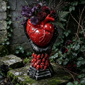 May include: A glossy red anatomical heart sculpture held by black hands, resting on a base of stacked red skulls. The heart serves as a vase containing dark purple irises, deep red roses, black berries, and green fern fronds in a floral arrangement.