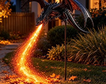 Solar Dragon Garden Light, Fire Breathing Dragon Yard Stake, Outdoor LED Landscape Decor, Gothic Halloween Patio Gift