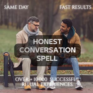 Könnte beinhalten: Zwei Personen sitzen auf einer Parkbank mit Texteinblendungen: SAME DAY, FAST RESULTS, HONEST CONVERSATION SPELL und OVER + 10.000 SUCCESSFUL RITUAL EXPERIENCES. Eine Person trägt einen beigen Mantel und Schal, die andere eine braune Jacke und Kapuzenpullover.