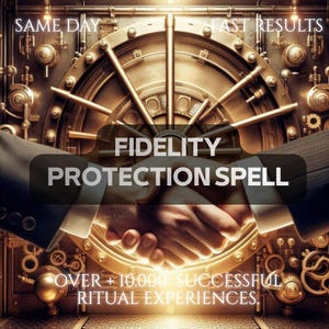 Peut inclure: Une porte de coffre-fort dorée avec des engrenages mécaniques complexes et une roue centrale, montrant une poignée de main au premier plan. Le texte indique : SAME DAY, FAST RESULTS, FIDELITY PROTECTION SPELL, OVER +10.000 SUCCESSFUL RITUAL EXPERIENCES.