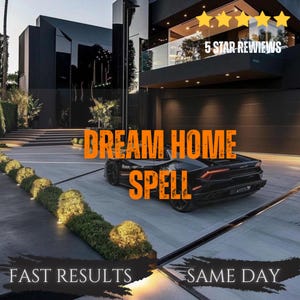 Puede incluir: Una casa moderna negra de varios pisos con balcón y un coche deportivo negro aparcado en la entrada. La imagen presenta el texto DREAM HOME SPELL en naranja, 5 STAR REVIEWS, y FAST RESULTS SAME DAY en blanco en la parte inferior.