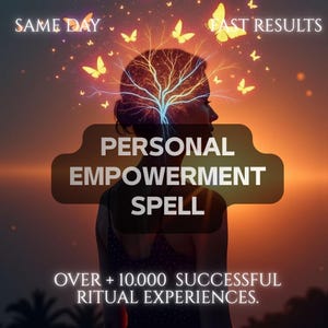 Puede incluir: Un gráfico digital con la silueta de una persona con un árbol azul brillante que brota de su cabeza, rodeado de mariposas amarillas sobre un fondo de atardecer. Texto: SAME DAY, FAST RESULTS, PERSONAL EMPOWERMENT SPELL, OVER + 10.000 SUCCESSFUL RITUAL EXPERIENCES.