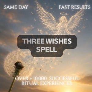 Puede incluir: Un gráfico digital con un ángel brillante con alas y halo contra un cielo al atardecer. Un diente de león está en primer plano. Texto: SAME DAY, FAST RESULTS, THREE WISHES SPELL, OVER + 10.000 SUCCESSFUL RITUAL EXPERIENCES.