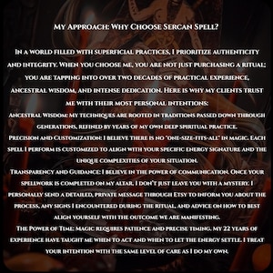 K&ouml;nnte beinhalten: Ein dunkles, atmosph&auml;risches Bild mit wei&szlig;em Text auf schwarzem Hintergrund. Der Text lautet: My Approach: Why Choose Sercan Spell? In a world filled with superficial practices, I prioritize authenticity and integrity. Er erw&auml;hnt 22 Jahre Erfahrung.