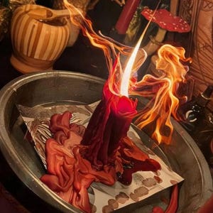 K&ouml;nnte beinhalten: Eine dicke rote Kerze brennt mit einer hellen Flamme und wirbelndem Rauch in einer dunklen Metallschale. Die Kerze steht auf einem quadratischen St&uuml;ck Papier, wobei geschmolzenes rotes Wachs um die Basis herum flie&szlig;t und auf das Metall tropft.