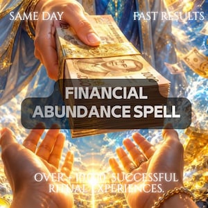 Może przedstawiać: Plik banknotów o nominale 1000 trzymany w dłoni, z napisem SAME DAY, FAST RESULTS, FINANCIAL ABUNDANCE SPELL oraz OVER 10000 SUCCESSFUL RITUAL EXPERIENCES na tle niebieskiego światła i unoszących się złotych monet.