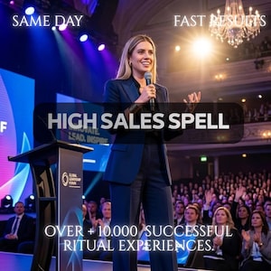 May include: A person in a dark blue suit stands at a podium holding a microphone on a stage. Text overlays read: SAME DAY, FAST RESULTS, HIGH SALES SPELL, and OVER 10,000 SUCCESSFUL RITUAL EXPERIENCES. The background shows a large audience in a hall.