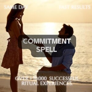Pode incluir: Uma silhueta de duas pessoas numa praia ao pôr do sol. Uma pessoa está de pé enquanto a outra está ajoelhada. Os textos sobrepostos dizem: SAME DAY, FAST RESULTS, COMMITMENT SPELL e OVER + 10.000 SUCCESSFUL RITUAL EXPERIENCES.