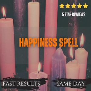 Könnte beinhalten: Eine Ansammlung hoher, zylindrischer Kerzen in Weiß-, Rosa- und Violetttönen mit mehreren brennenden Flammen. Das Bild enthält den Text "HAPPINESS SPELL", "5 STAR REVIEWS", "FAST RESULTS" und "SAME DAY", der über die Kerzen gelegt ist.