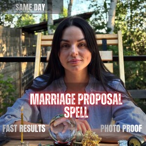 May include: A person with long dark hair wearing a blue and white pinstriped shirt, positioned behind a crystal ball, a lit candle, and crystals. Text overlays read SAME DAY, MARRIAGE PROPOSAL SPELL, FAST RESULTS, and PHOTO PROOF.
