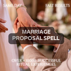 Puede incluir: Un anillo de oro con una piedra clara siendo colocado en un dedo. El texto superpuesto dice: SAME DAY, FAST RESULTS, MARRIAGE PROPOSAL SPELL, OVER + 10.000 SUCCESSFUL RITUAL EXPERIENCES. La persona lleva una pulsera de oro y una manga blanca.