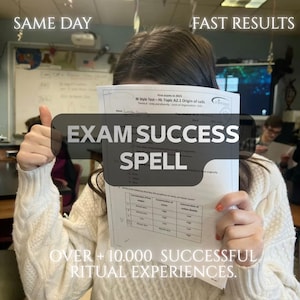 May include: A white paper document titled IB Style Test - HL Topic A2.1 Origin of cells held by a person wearing a cream-colored cable knit sweater. The text overlay reads SAME DAY FAST RESULTS, EXAM SUCCESS SPELL, and OVER + 10.000 SUCCESSFUL RITUAL EXPERIENCES.