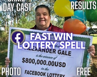 May include: A white certificate with green decorative borders featuring the text FAST WIN LOTTERY SPELL, ALEXANDER GALE, $800,000.00USD, and FACEBOOK LOTTERY. The image includes a Facebook logo, colorful balloons, and the text SAME DAY CAST, FAST RESULTS, PHOTO PROOF, and FREE RECAST.